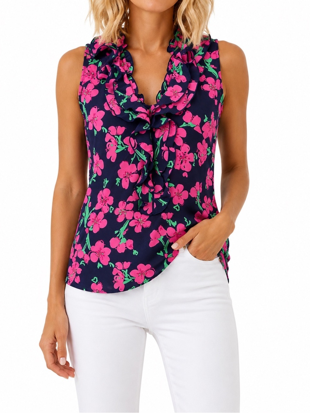 Lilli Pulitzer ALLISON Floral Ruffle Sleeveless blouse Top sz XS